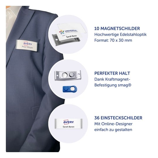 Das Bild zeigt verschiedene Arten von Namensschildern, darunter magnetische Namensschilder und einsatzbare Namensabzeichen, die auf einem Anzugjackett platziert sind. Die Schilder sind mit 'Avery' gebrandet und bieten Funktionen wie hochwertige Edelstahloptik und magnetische Befestigung für sicheren Halt.