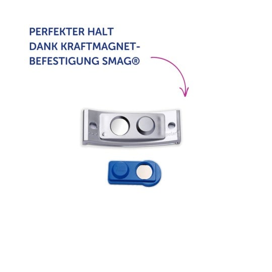 Das Bild zeigt ein silbernes Gerät mit zwei kreisförmigen Vertiefungen und einer blauen magnetischen Komponente, begleitet von einem Text, der einen perfekten Halt aufgrund der magnetischen Befestigung vorschlägt.