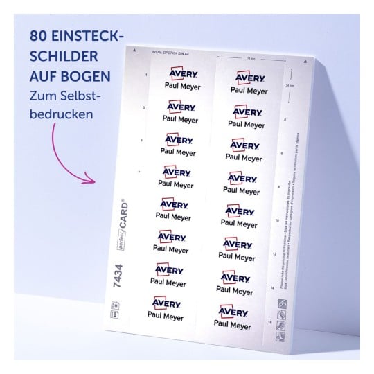 Das Bild zeigt ein Blatt mit Avery-Etiketten, auf dem der Name 'Paul Meyer' mehrfach wiederholt wird. Es ist für den Druck von anpassbaren Etiketten konzipiert und bietet Platz für 80 Etiketten im A4-Format.
