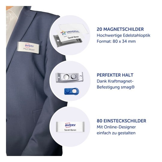 Das Bild zeigt eine Person im Anzug, die ein Namensschild trägt. Begleitende Grafiken zeigen verschiedene Arten von Namensschildern und deren Eigenschaften, einschließlich magnetischer Befestigungen und anpassbarer Designs.