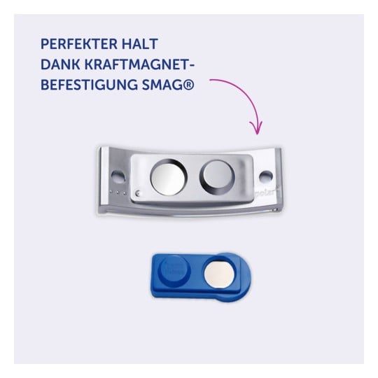 Das Bild zeigt ein Metallelement mit zwei kreisförmigen Öffnungen und einer blauen Komponente in der Nähe. Es wird ein starkes magnetisches Befestigungssystem namens SMAG® erwähnt, was darauf hindeutet, dass die Gegenstände mit Sicherungstechnologie für Befestigungen in Zusammenhang stehen.