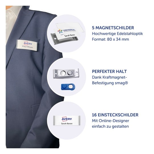 Das Bild zeigt Namensschilder, einschließlich magnetischer und Einsteck-Varianten, mit Details über die Produkte und deren Befestigungen, präsentiert neben einer Person im Anzug.