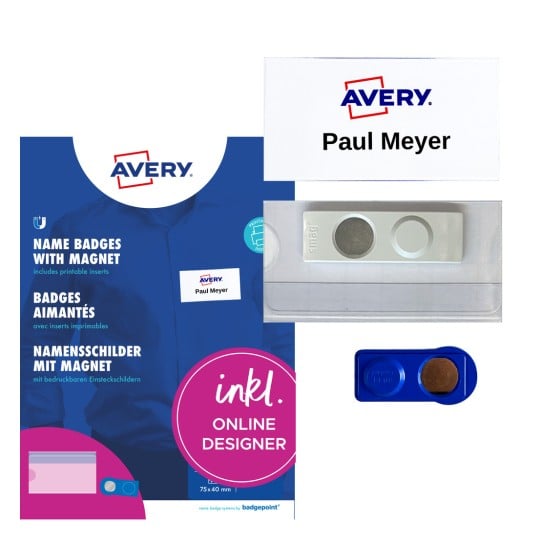 Avery Namensschild-Set mit magnetischen Namensschildern, Einlegekarten und blauer Verpackung?