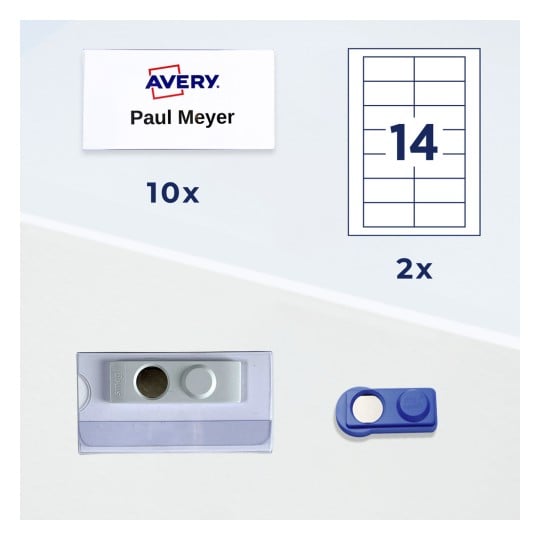 Avery-Namensschild mit „Paul Meyer“, Etikettenblatt-Diagramm, Kunststoff-Namensschildhalter und Magnetverschluss?