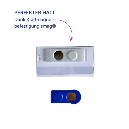Zwei magnetische Montageplatten (weiß und blau) mit runden Magneten auf weißem Hintergrund?