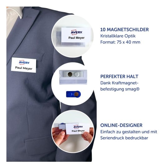 Sakko mit Avery-Magnetnamensschild mit der Aufschrift „Paul Meyer“ und Produktdetailkreisen?