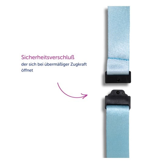 Das Bild zeigt einen Sicherheitsverschluss, der sich bei übermäßiger Spannung öffnet, dargestellt mit einem hellblauen Band und einem Etikett auf Deutsch, das seine Funktion erklärt.