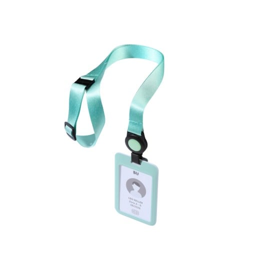 Das Bild zeigt ein mintgrünes Schlüsselband mit einem daran befestigten Ausweishalter. Der Halter zeigt eine Silhouette und einen leeren Raum für einen Namen.