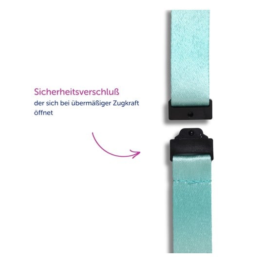 Das Bild zeigt einen Sicherheitsverschlussmechanismus mit einem bandartigen Riemen. Der Text beschreibt seine Funktion, unter übermäßiger Spannung zu öffnen.