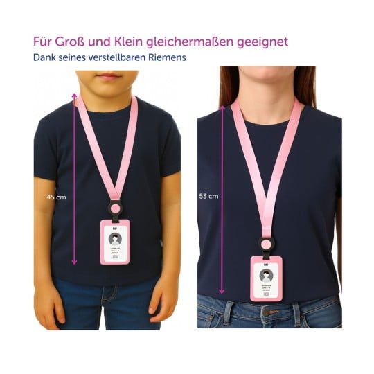 Das Bild zeigt zwei Personen, die ein Lanyard mit einem Ausweis tragen. Eine Person ist kleiner mit einer Länge von 45 cm, und die andere ist größer mit einer Länge von 53 cm. Beide Lanyards sind verstellbar.
