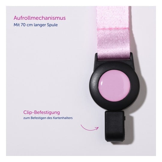 Das Bild zeigt einen einziehbaren Ausweishalter mit einem rosa Band und einem schwarzen Clip-Mechanismus, der zum Befestigen von Ausweishalterungen entworfen wurde.