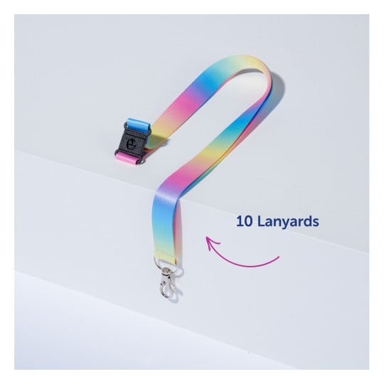 Das Bild zeigt ein buntes Umhängeband mit einem Verschluss, das auf einer weißen Oberfläche präsentiert wird, und enthält den Text '10 Lanyards'.