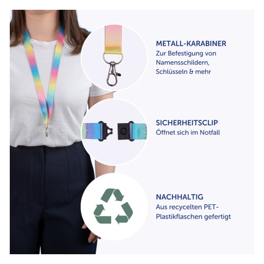 Das Bild zeigt ein buntes Lanyard, das von einer Person getragen wird, mit hervorgehobenen Merkmalen wie einem Metallkarabiner, einem Sicherheitsclip und umweltfreundlichen Materialien, die aus recycelten PET-Flaschen hergestellt sind.