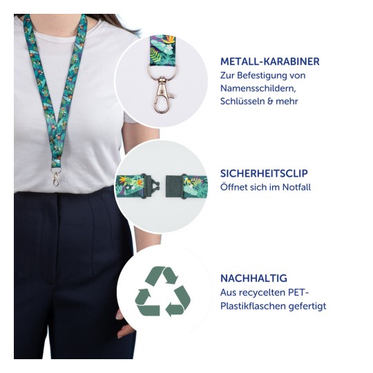 Das Bild zeigt ein Schlüsselband mit einem Blumendesign, das Details über seinen Metallkarabiner, den Sicherheitsclip und das nachhaltige Material aus recycelten PET-Plastikflaschen enthält. Es zeigt ein Modell, das das Schlüsselband trägt, mit einer Beschreibung seiner Verwendungsmöglichkeiten und Sicherheitsmerkmale.