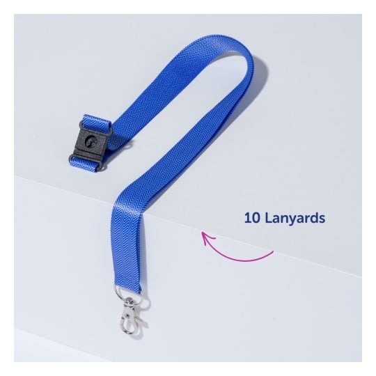 Das Bild zeigt ein blaues Schlüsselband mit einem Clip, das auf einer hellen Oberfläche liegt. Der Text daneben lautet '10 Schlüsselbänder'.