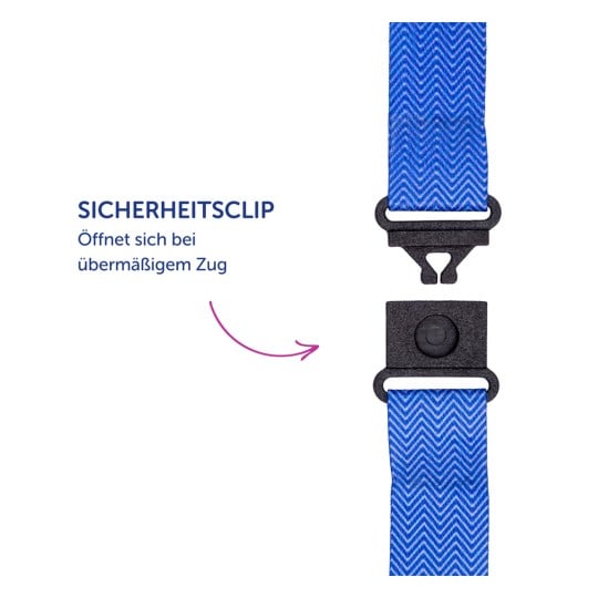 Das Bild zeigt einen Sicherheitsclip, der dafür ausgelegt ist, sich bei übermäßiger Spannung zu öffnen, dargestellt mit einem blauen Riemen und einem schwarzen Clipmechanismus. Die Anweisungen sind auf Deutsch.