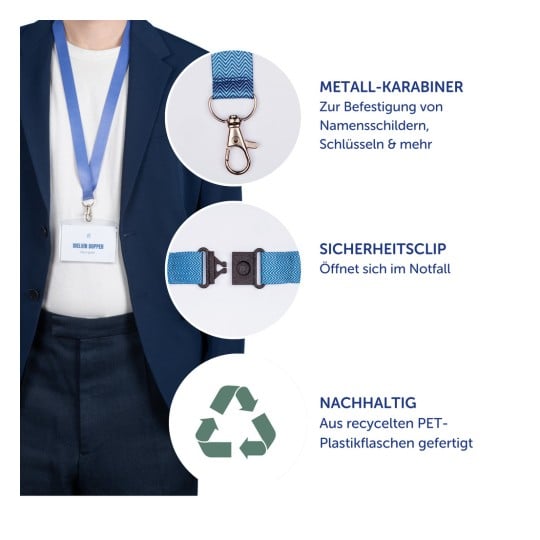 Das Bild zeigt ein Lanyard mit einem Metallclip für Namensschilder, einem Sicherheitsclip, der sich in Notfällen öffnet, und Informationen zur Nachhaltigkeit, hergestellt aus recycelten PET-Flaschen.