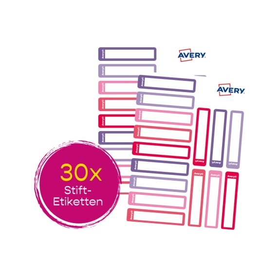 Das Bild zeigt eine Vielzahl bunter Etiketten von Avery, einschließlich lila, rosa und roter Aufkleber, mit der Angabe, dass 30 Stück verfügbar sind.