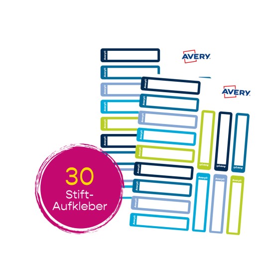 Das Bild zeigt ein Set von 30 Avery-Etiketten, die zum Markieren oder Identifizieren von Gegenständen gedacht sind, in verschiedenen Farben und Formen. Ein hervorstehender Kreis trägt die Aufschrift '30 Stift-Aufkleber'.