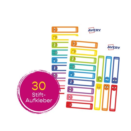 Das Bild zeigt ein Set von 30 bunten Aufklebern mit verschiedenen Gesichtsausdrücken, die zum Markieren oder Etikettieren von Gegenständen gedacht sind. Die Marke 'Avery' ist sichtbar.