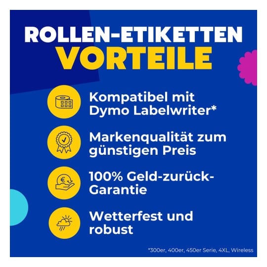 Blaues Poster, das die Vorteile von Rollenetiketten mit Symbolen und deutschem Text auflistet?