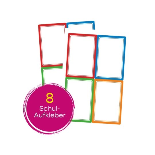 Das Bild zeigt bunte Namensaufkleber in verschiedenen Formen und Größen, mit einem auffälligen runden Etikett, auf dem '8 Namens-Aufkleber' steht.