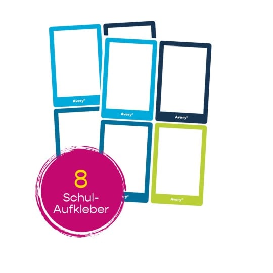 Das Bild zeigt eine Sammlung von acht leeren Etiketten in verschiedenen Farben, die in einem gekachelten Layout präsentiert werden. Sie sind als Avery-Produkte gebrandet, mit einem auffälligen rosa Kreis, der die Zahl '8' und den Ausdruck 'Schul-Aufkleber' zeigt.