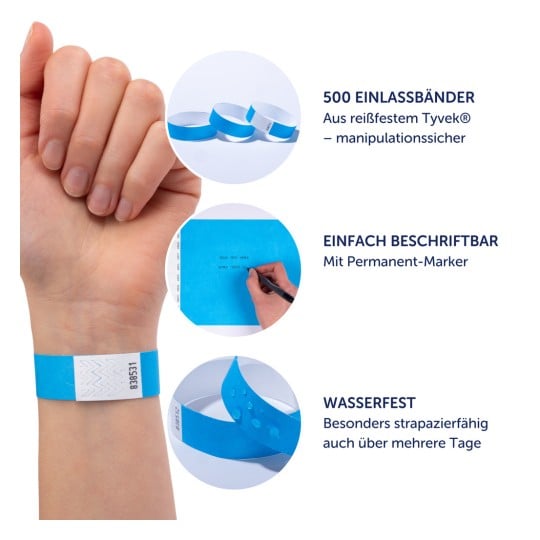 Das Bild zeigt Tyvek-Armbänder und hebt ihre Merkmale hervor: 500 strapazierfähige Armbänder, anpassbar mit einem Permanentmarker und wasserfest für längeren Gebrauch.