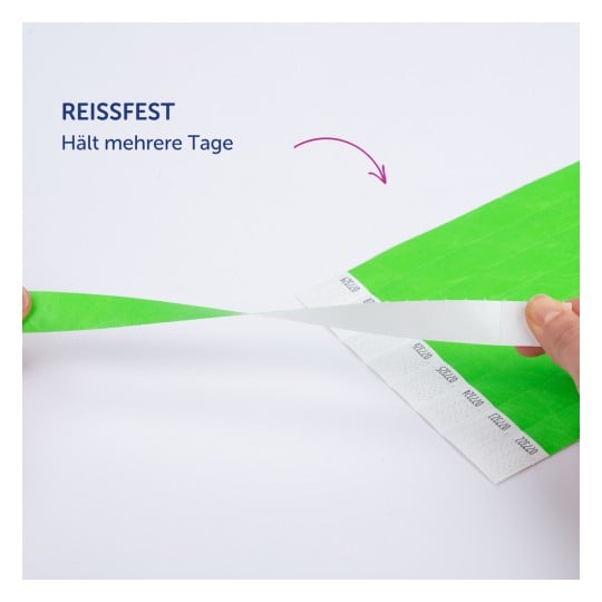 Das Bild zeigt eine Hand, die einen grünen Streifen Material von einem weißen Träger abzieht, mit einem Text auf Deutsch, der darauf hinweist, dass es reißfest ist und mehrere Tage hält.