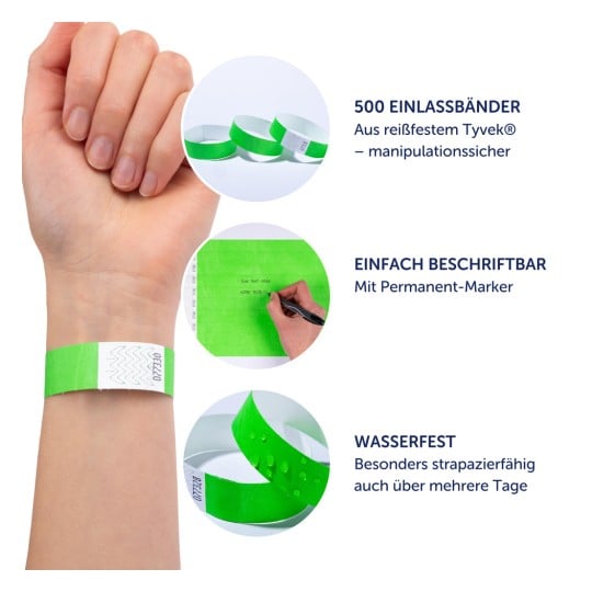 Das Bild zeigt grüne Armbänder aus Tyvek®, die Eigenschaften wie Widerstandsfähigkeit, Beschreibbarkeit mit Permanentmarkern und Wasserbeständigkeit hervorheben.