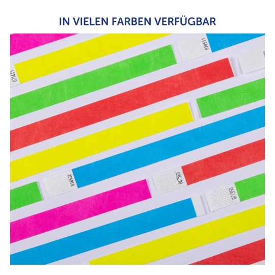 Das Bild zeigt bunte Streifen in verschiedenen leuchtenden Farben wie Pink, Grün, Rot, Gelb und Blau, die zufällig auf einem weißen Hintergrund angeordnet sind, mit einem Text, der darauf hinweist, dass sie in vielen Farben erhältlich sind.