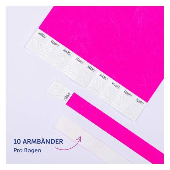 Das Bild zeigt ein lebhaftes pinkes Blatt mit mehreren darauf gedruckten weißen Etiketten. Jedes Etikett hat ein Zickzack-Design und eine eindeutige Nummer. Es gibt eine Notiz mit der Aufschrift '10 Armbänder Pro Bogen', was darauf hindeutet, dass es sich um ein Bezug zu Armbändern handelt.