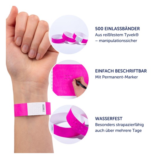 Das Bild zeigt Armbänder aus strapazierfähigem Tyvek-Material. Es zeigt eine Hand, die ein pinkes Armband trägt, sowie Bilder von mehreren Armbändern und eine Hand, die mit einem Marker auf einer pinken Fläche schreibt. Der Text hebt folgende Merkmale hervor: 500 reißfeste Armbänder, beschreibbar mit einem Permanentmarker und wasserdicht für mehrere Tage.