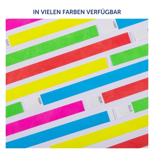 Das Bild zeigt verschiedenfarbige Streifen in leuchtenden Farben, darunter Pink, Gelb, Grün, Blau und Rot, die auf einem weißen Hintergrund angeordnet sind. Es deutet auf die Verfügbarkeit in vielen Farben hin.