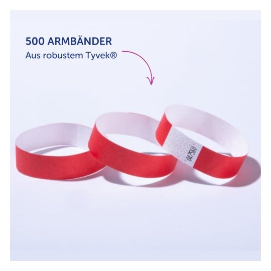 Das Bild zeigt drei rote Armbänder aus strapazierfähigem Tyvek-Material sowie einen Text, der angibt, dass sie in einer Packung mit 500 Stück geliefert werden.