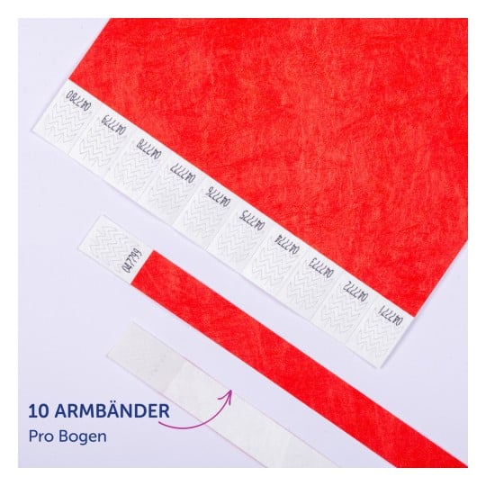 Das Bild zeigt ein rotes Blatt Papier mit mehreren perforierten Armbändern, die entlang der oberen Kante befestigt sind. Die Armbänder haben Zickzackmuster und Zahlen aufgedruckt, die darauf hinweisen, dass sie zur Verwendung abgetrennt werden können. Die untere linke Ecke enthält den Text '10 ARMBÄNDER Pro Bogen'.