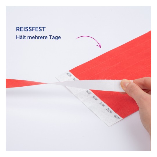 Das Bild zeigt ein Stück rotes Klebeband, von dem eine Hand einen weißen Streifen abzieht, mit einem Text, der darauf hinweist, dass es reißfest ist und mehrere Tage hält.