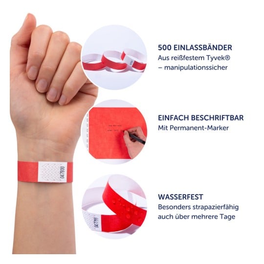 Das Bild zeigt ein Armband aus robustem Tyvek-Material, das sich für Veranstaltungen eignet und mit einem Permanentmarker leicht beschreibbar ist. Es hebt Merkmale hervor, wie wasserdicht zu sein und für den mehrtägigen Gebrauch ausgelegt zu sein.