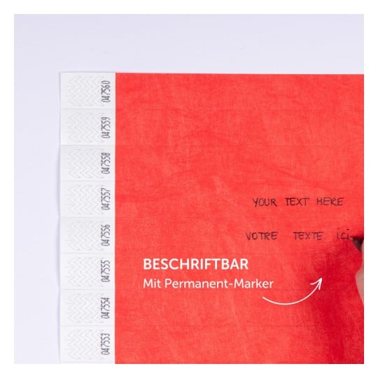 Das Bild zeigt einen roten Hintergrund mit dem Text „YOUR TEXT HERE“ und „VOTRE TEXTE ICI“ sowie einem Beschriftungsbereich an der Seite, der angibt, dass er mit einem Permanentmarker markiert werden kann.