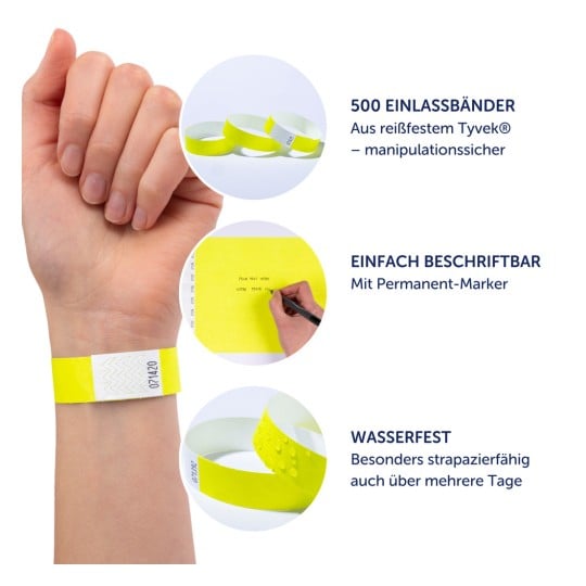 Das Bild zeigt gelbe Armbänder und hebt ihre Eigenschaften hervor: Sie bestehen aus haltbarem Tyvek-Material, können leicht mit einem permanenten Marker beschriftet werden und sind wasserfest.