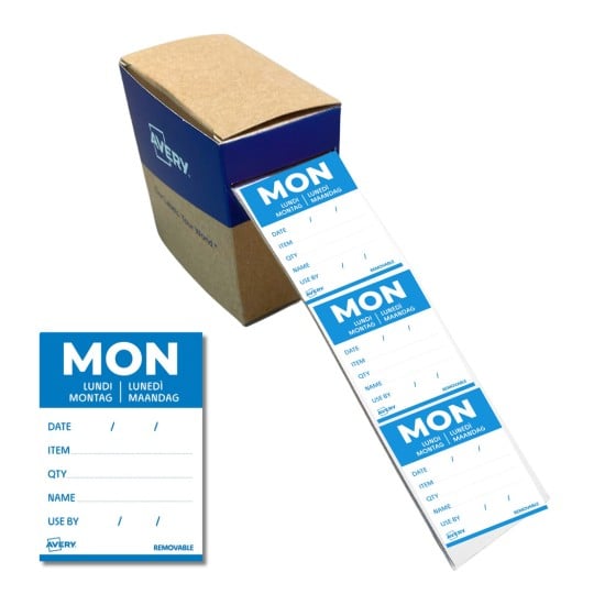 Das Bild zeigt eine Schachtel mit ablösbaren Etiketten mit blauem Hintergrund, die "MON" anzeigen und Platz für Datum, Artikel, Menge, Name und Verbrauchsdetails bieten.
