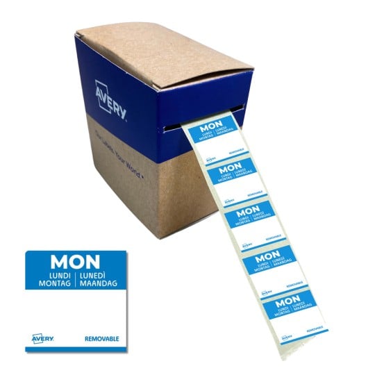 Eine Schachtel Avery ablösbarer Etiketten mit dem Wort 'MON' in mehreren Sprachen, wobei die Etiketten teilweise aus der Schachtel herausragen.