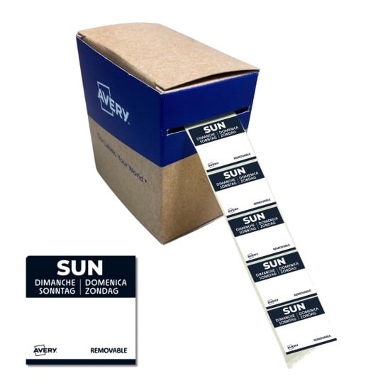 Das Bild zeigt eine Schachtel Avery ablösbarer Etiketten mit dem Wort „SONNE“ in mehreren Sprachen, wobei ein Teil des Etikettenstreifens sichtbar ist.