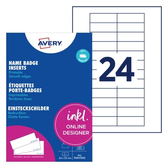 Das Bild zeigt Avery Namensschild-Einlagen, die einfach zu verwendende bedruckbare Etiketten mit glatten Kanten und ein Design für 24 Schilder präsentieren.
