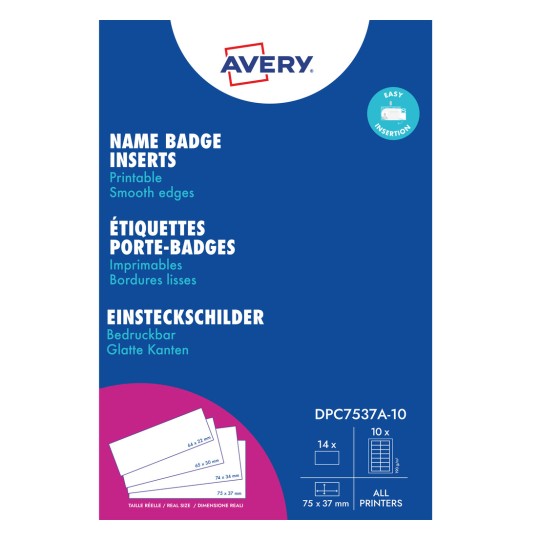 Avery Namensschild-Einlagen – Verpackung mit blauem Hintergrund und Produktdetails?