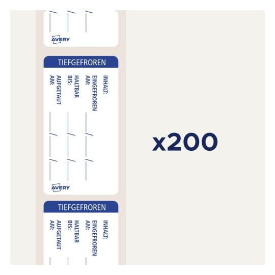 Das Bild zeigt ein Etikettendesign für Tiefkühlartikel, das Details wie 'aufgetaut', 'haltbar' und 'inhalt' angibt. Es beinhaltet das Avery-Branding und eine Menge von 200 Etiketten.