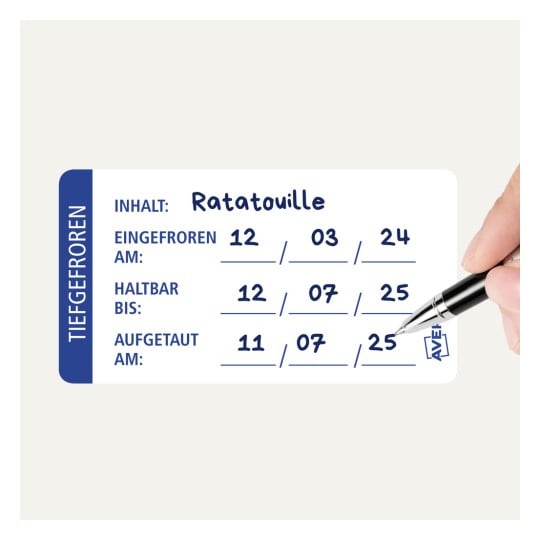 Gefrieretikett für Ratatouille: Gefrierdatum, Ablaufdatum und Auftaudatum in Deutsch angegeben.