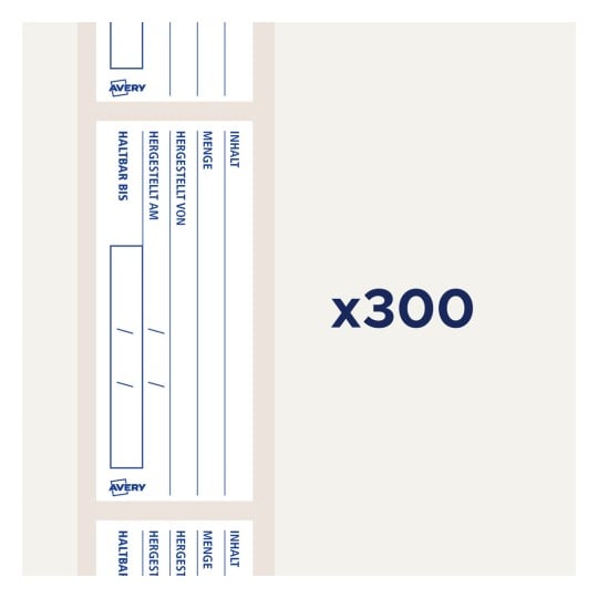 Das Bild zeigt Produktetiketten von AVE, die Felder für Informationen wie Haltbarkeit, Inhalt und Produktionsdetails anzeigen. Es umfasst mehrere Etiketten und erwähnt 'x300'.