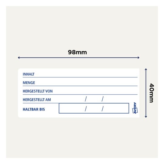 Das Bild zeigt eine Etikettenvorlage mit verschiedenen Feldern für Informationen wie Inhalt, Menge, Hersteller, Produktionsdatum und Verfallsdatum. Die Abmessungen sind mit 100 mm x 40 mm angegeben.