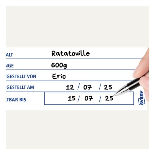 Ein Etikett für Ratatouille mit Angaben zu Gewicht, Name des Herstellers sowie Datumshinweisen, einschließlich "zubereitet am" und "mindestens haltbar bis" Daten.